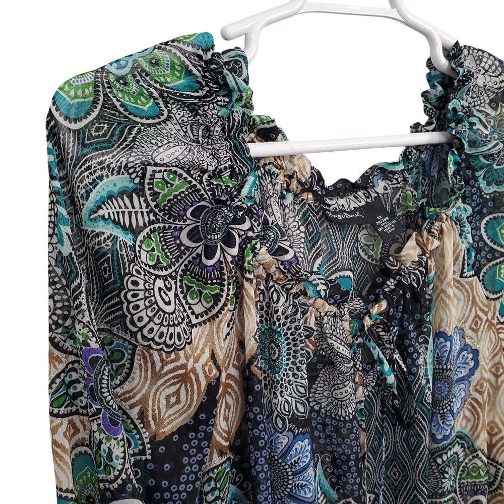 Maggie Barnes Size 5X Top Boho Floral Peasant 3/4 Bell Sleeves Lightweight Sheer - Picture 5 of 16